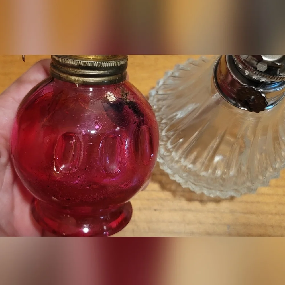 Lamplight Farms Clear Glass Mini Oil Kerosene Light no top + Hong Kong pink lamp